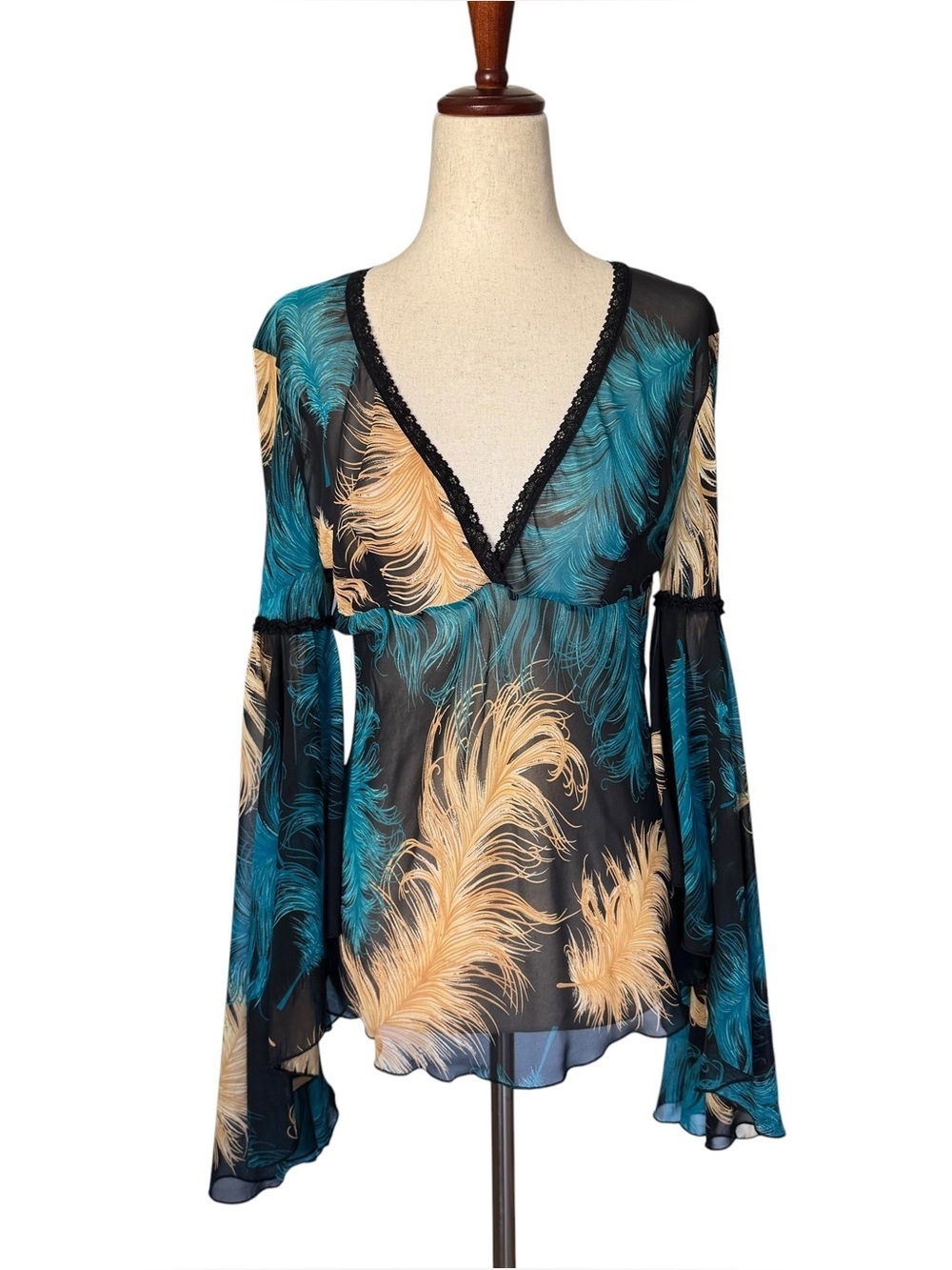 Vintage 90s Y2K Lucent Feather Print Sheer Top Long Flare Bell Sleeves Medium